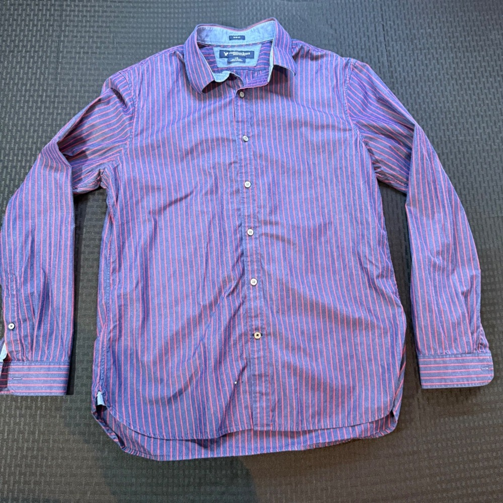 Y2K American Eagle Outfitters‎ Mens Slim Fit Blue Red Striped Button Down Large